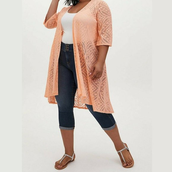 torrid Other - Torrid Geo Sheer Mesh Hi Lo Peach Pink Kimono Duster Swim Cover Up Wrap Cardigan